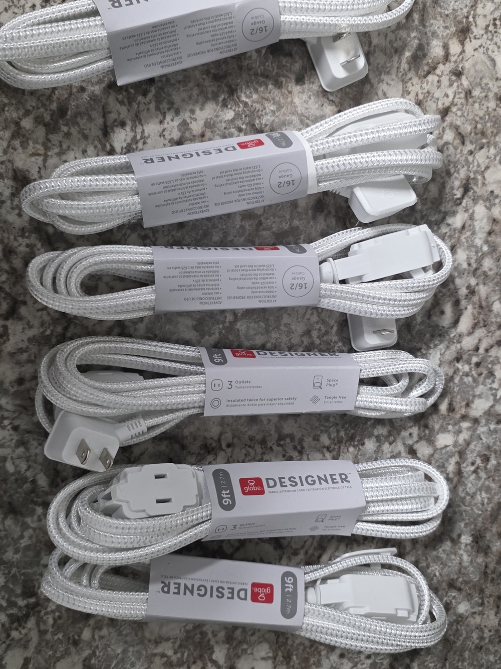 6 New Globe Designer Fabric Braided Extension Cord Power Strips White